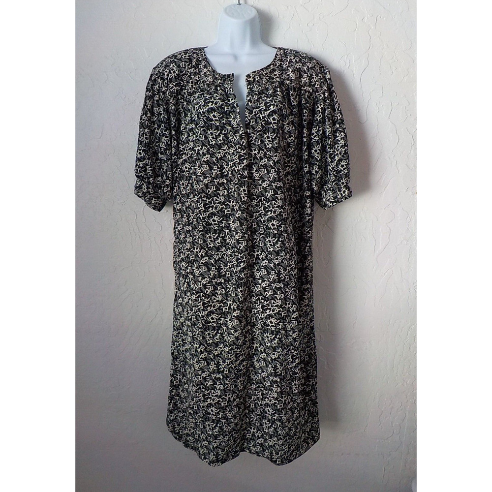 VTG Monaco Black Casual House Dress Fits L / XL Geometric Henley Pullover USA